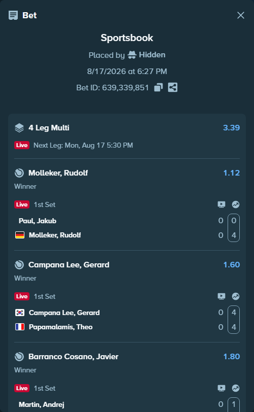 Bet slip: Paul, Jakub - Molleker, Rudolf, $34,993.00 stake at 1.12 odds, placed by Hidden
