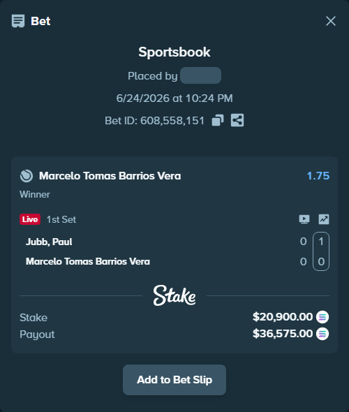 Bet slip: Paul Jubb - Marcelo Tomas Barrios Vera, $21,980.77 stake at 1.75 odds, placed by Othmane2kiks