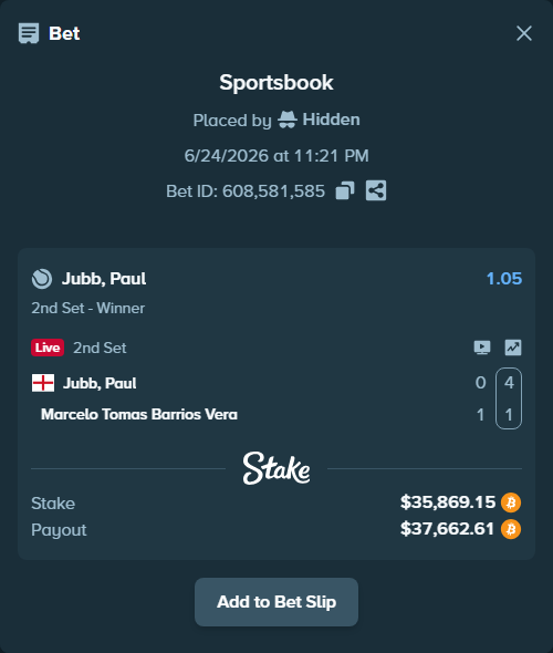 Bet slip: Paul Jubb - Marcelo Tomas Barrios Vera, $34,038.29 stake at 1.05 odds, placed by Hidden