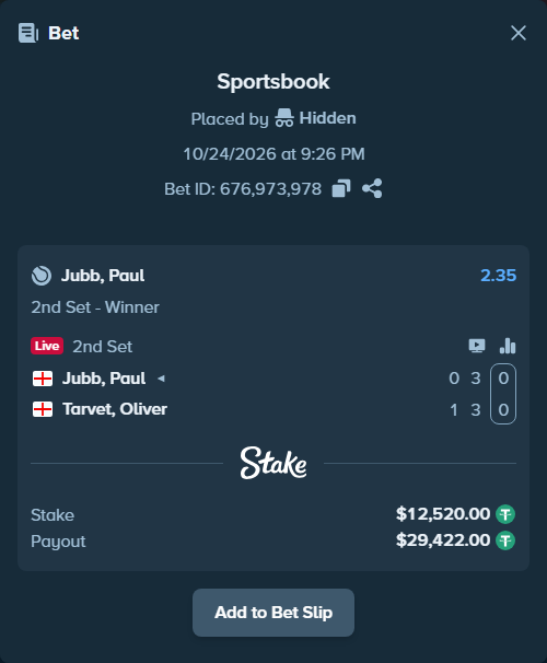 Bet slip: Paul Jubb - Tarvet, Oliver, $12,532.52 stake at 2.35 odds, placed by Hidden