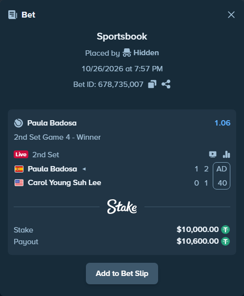 Bet slip: Paula Badosa - Carol Young Suh Lee, $10,010.00 stake at 1.06 odds, placed by Hidden