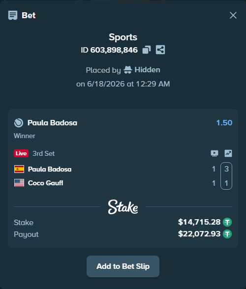 Bet slip: Paula Badosa - Coco Gauff, $14,730.00 stake at 1.50 odds, placed by Hidden