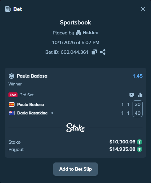 Bet slip: Paula Badosa - Daria Kasatkina, $10,300.06 stake at 1.45 odds, placed by nandonzr