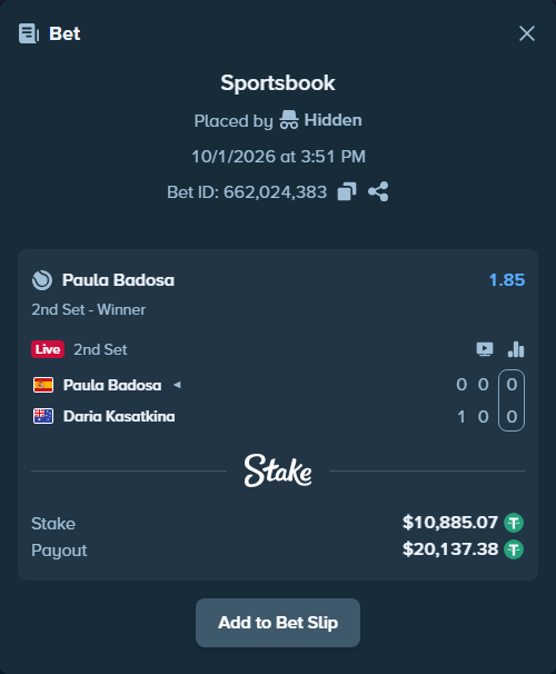 Bet slip: Paula Badosa - Daria Kasatkina, $10,895.96 stake at 1.85 odds, placed by Palo6