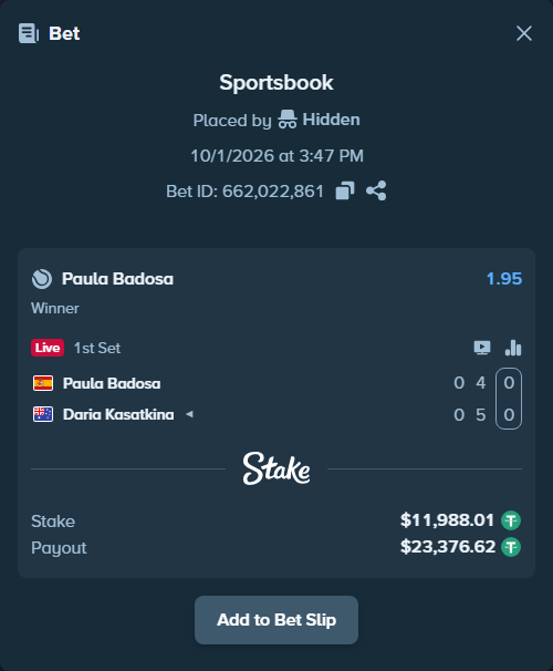 Bet slip: Paula Badosa - Daria Kasatkina, $12,000.00 stake at 1.95 odds, placed by Palo6