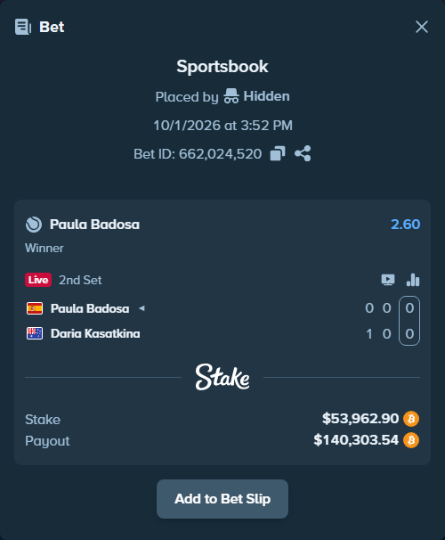 Bet slip: Paula Badosa - Daria Kasatkina, $53,650.56 stake at 2.60 odds, placed by Atte90