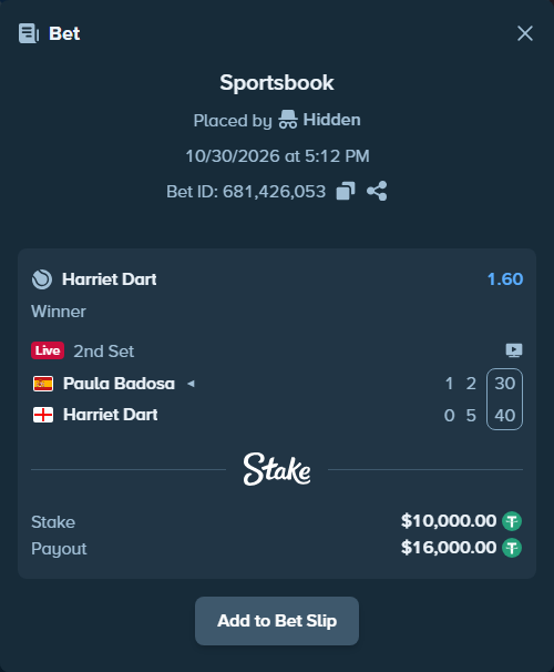 Bet slip: Paula Badosa - Harriet Dart, $10,020.00 stake at 1.60 odds, placed by Hidden