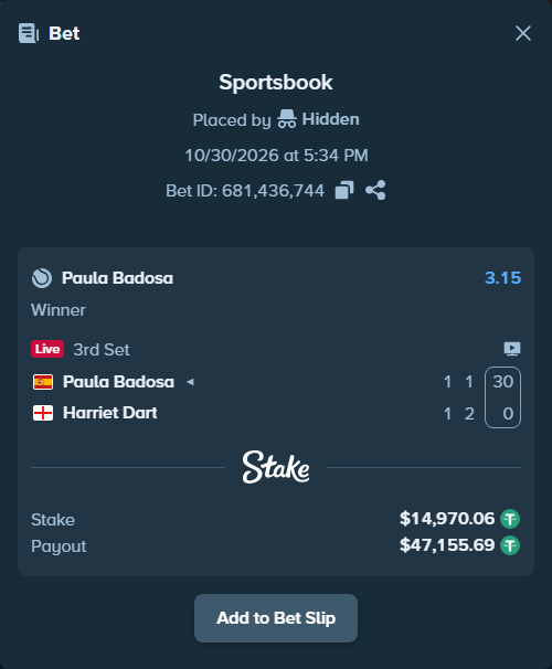 Bet slip: Paula Badosa - Harriet Dart, $15,000.00 stake at 3.15 odds, placed by Hidden