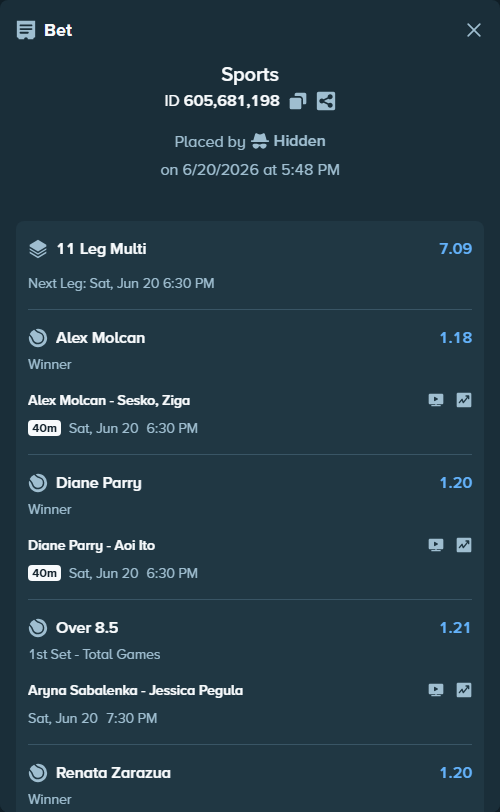 Bet slip: Paula Badosa - Sinja Kraus, $24,405.15 stake at 1.18 odds, placed by Hidden