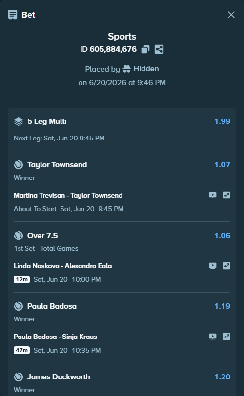 Bet slip: Paula Badosa - Sinja Kraus, $62,097.34 stake at 1.19 odds, placed by Hidden