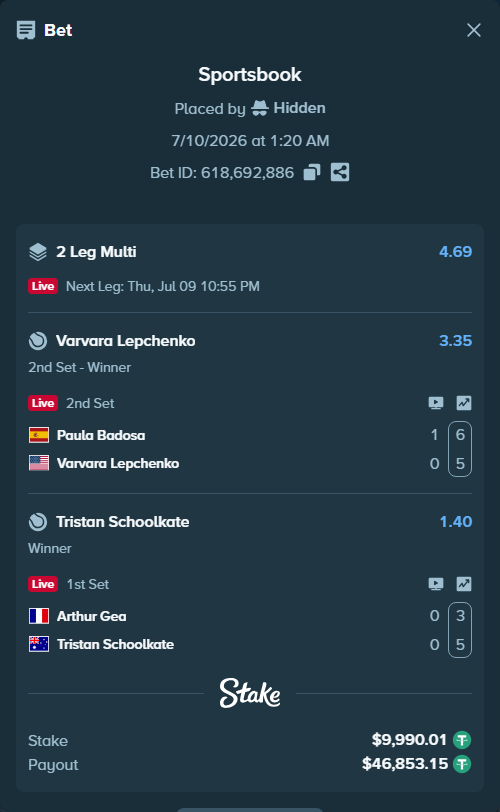 Bet slip: Paula Badosa - Varvara Lepchenko, $10,000.00 stake at 3.35 odds, placed by Hidden