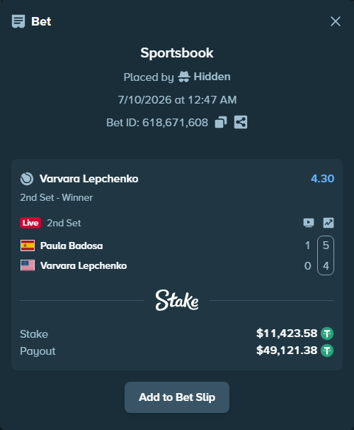 Bet slip: Paula Badosa - Varvara Lepchenko, $11,435.00 stake at 4.30 odds, placed by Hidden