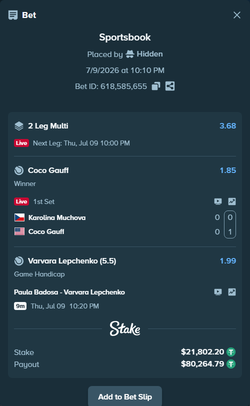 Bet slip: Paula Badosa - Varvara Lepchenko, $21,824.00 stake at 1.99 odds, placed by Hidden