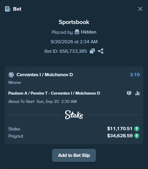 Bet slip: Paulson A / Pereira T - Cervantes I / Molchanov D, $11,170.51 stake at 3.10 odds, placed by Hidden