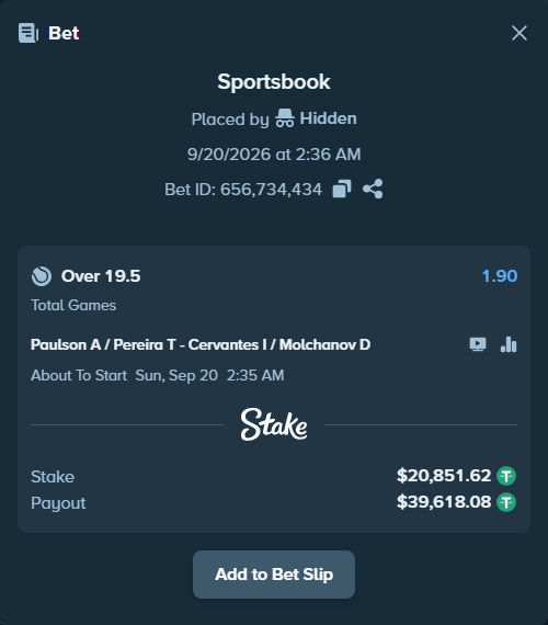 Bet slip: Paulson A / Pereira T - Cervantes I / Molchanov D, $20,851.62 stake at 1.90 odds, placed by Hidden