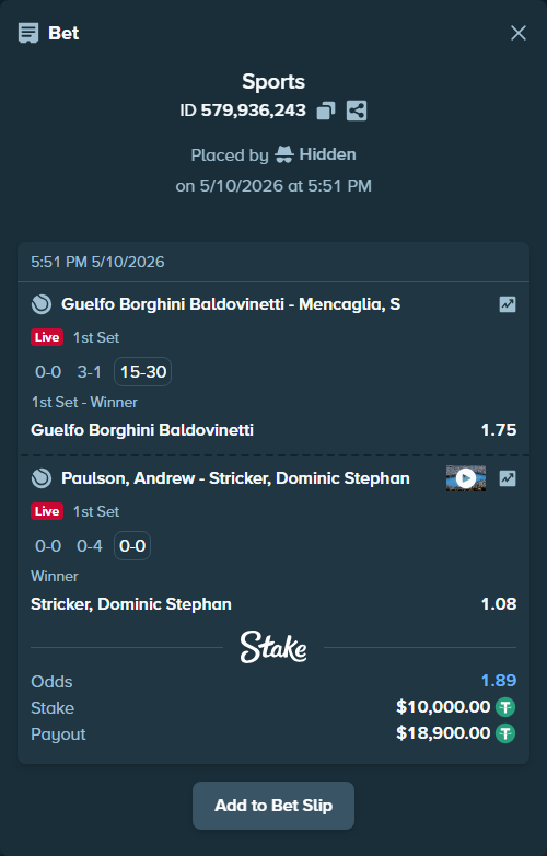 Bet slip: Paulson, Andrew - Stricker, Dominic, $10,000.00 stake at 1.08 odds, placed by Hidden