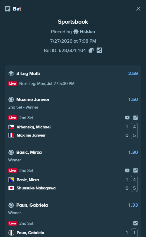 Bet slip: Paun, Gabriela - Tran, D, $10,000.00 stake at 1.33 odds, placed by Hidden