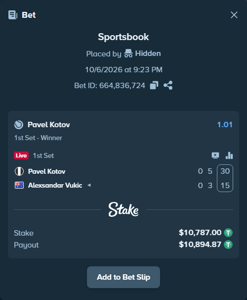 Bet slip: Pavel Kotov - Alexsandar Vukic, $10,787.00 stake at 1.01 odds, placed by RiffLeon