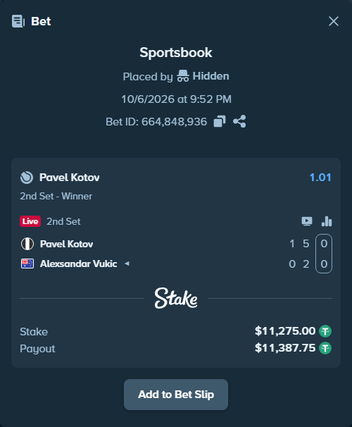 Bet slip: Pavel Kotov - Alexsandar Vukic, $11,275.00 stake at 1.01 odds, placed by RiffLeon