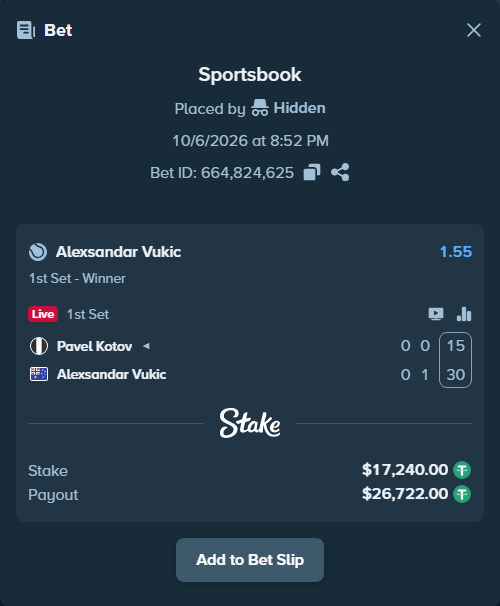 Bet slip: Pavel Kotov - Alexsandar Vukic, $17,240.00 stake at 1.55 odds, placed by Hidden