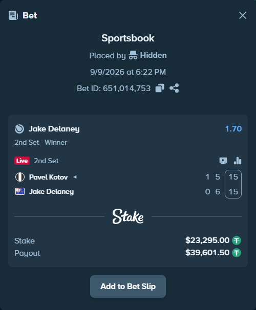 Bet slip: Pavel Kotov - Jake Delaney, $23,295.00 stake at 1.70 odds, placed by Hidden