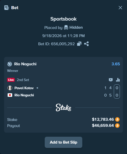 Bet slip: Pavel Kotov - Rio Noguchi, $12,842.21 stake at 3.65 odds, placed by Hidden