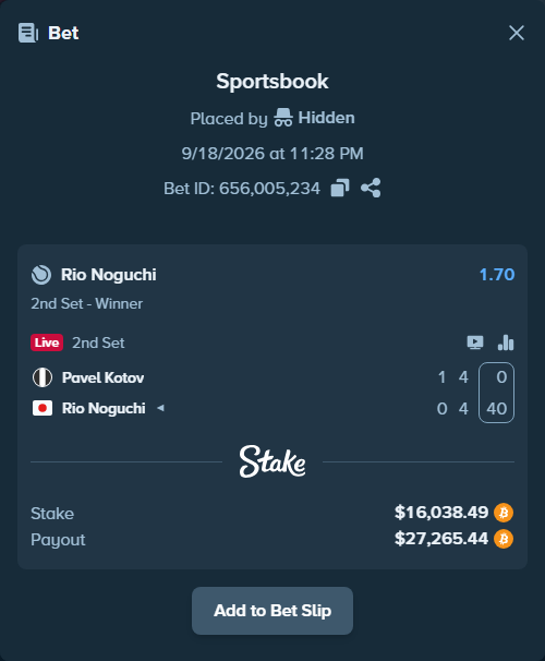 Bet slip: Pavel Kotov - Rio Noguchi, $16,112.20 stake at 1.70 odds, placed by Hidden