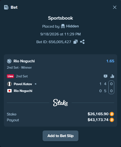 Bet slip: Pavel Kotov - Rio Noguchi, $26,286.15 stake at 1.65 odds, placed by Hidden