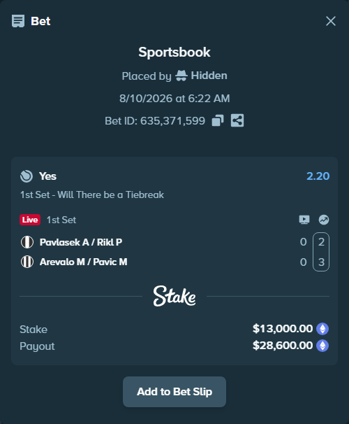 Bet slip: Pavlasek A / Rikl P - Arevalo M / Pavic M, $13,026.78 stake at 2.20 odds, placed by Hidden