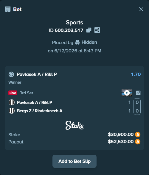 Bet slip: Pavlasek A / Rikl P - Bergs Z / Rinderknech A, $31,228.29 stake at 1.70 odds, placed by Hidden