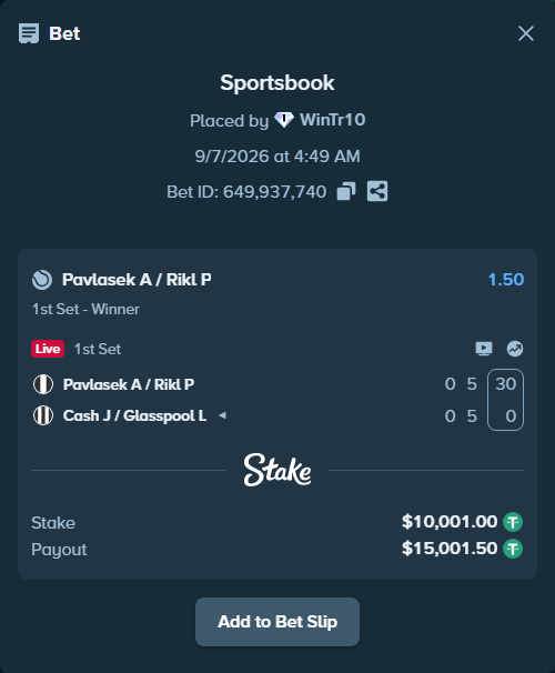 Bet slip: Pavlasek A / Rikl P - Cash J / Glasspool L, $10,000.00 stake at 1.50 odds, placed by WinTr10