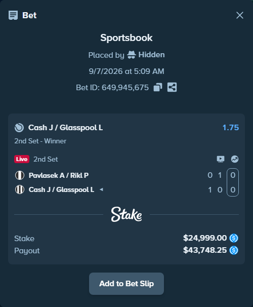 Bet slip: Pavlasek A / Rikl P - Cash J / Glasspool L, $24,999.00 stake at 1.75 odds, placed by Hidden