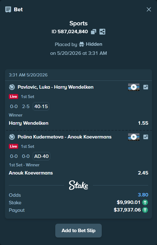Bet slip: Pavlovic, Luka - Harry Wendelken, $10,000.00 stake at 1.55 odds, placed by Hidden