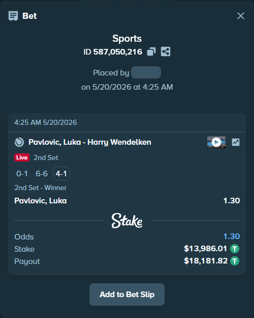 Bet slip: Pavlovic, Luka - Harry Wendelken, $14,000.00 stake at 1.30 odds, placed by DooDLeZ1love