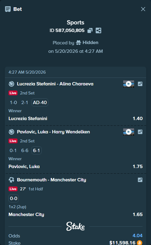 Bet slip: Pavlovic, Luka - Harry Wendelken, $9,700.20 stake at 1.75 odds, placed by Hidden