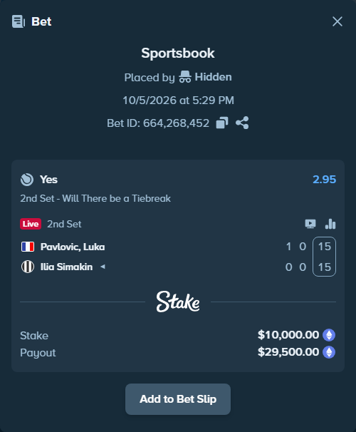 Bet slip: Pavlovic, Luka - Ilia Simakin, $10,045.19 stake at 2.95 odds, placed by Hidden