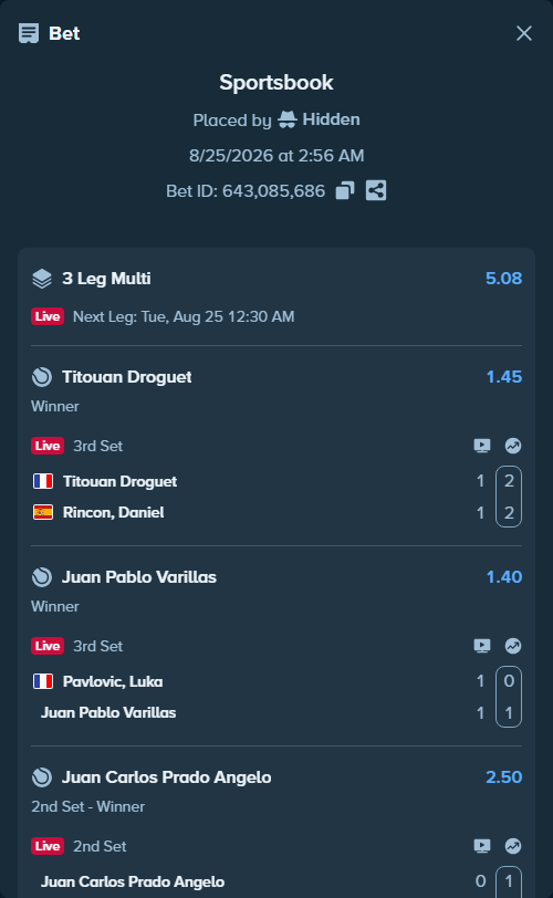 Bet slip: Pavlovic, Luka - Juan Pablo Varillas, $10,000.00 stake at 1.40 odds, placed by Hidden