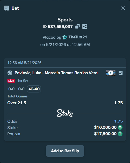 Bet slip: Pavlovic, Luka - Marcelo Tomas Barrios Vera, $10,010.00 stake at 1.75 odds, placed by TheTutt21