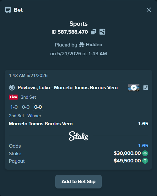 Bet slip: Pavlovic, Luka - Marcelo Tomas Barrios Vera, $30,030.00 stake at 1.65 odds, placed by Hidden