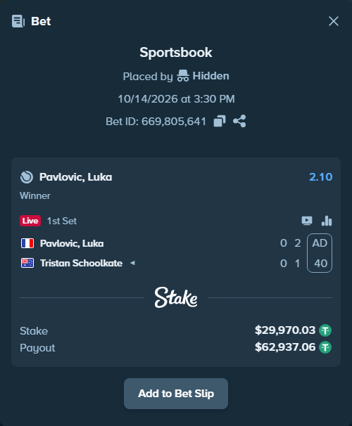Bet slip: Pavlovic, Luka - Tristan Schoolkate, $30,000.00 stake at 2.10 odds, placed by Hidden