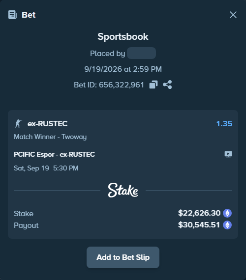 Bet slip: Pcific Esports - ex-RUSTEC, $22,695.43 stake at 1.35 odds, placed by Mabruch