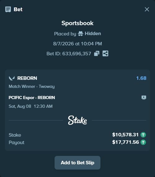 Bet slip: Pcific Esports - REBORN, $10,588.89 stake at 1.68 odds, placed by Hidden