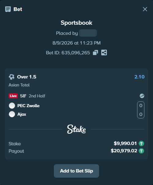 Bet slip: PEC Zwolle - Ajax, $10,000.00 stake at 2.10 odds, placed by tlwns4736