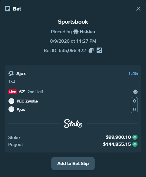 Bet slip: PEC Zwolle - Ajax, $100,000.00 stake at 1.45 odds, placed by Hidden