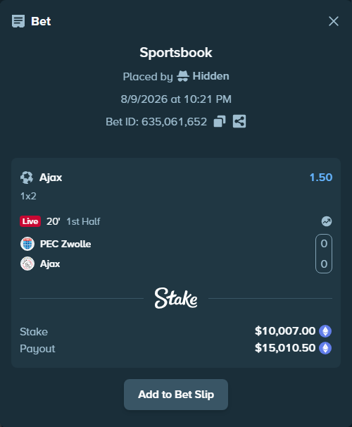 Bet slip: PEC Zwolle - Ajax, $10,011.96 stake at 1.50 odds, placed by Hidden