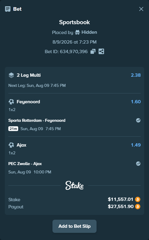 Bet slip: PEC Zwolle - Ajax, $11,630.37 stake at 1.49 odds, placed by Hidden
