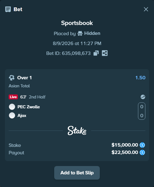 Bet slip: PEC Zwolle - Ajax, $15,000.00 stake at 1.50 odds, placed by Hidden