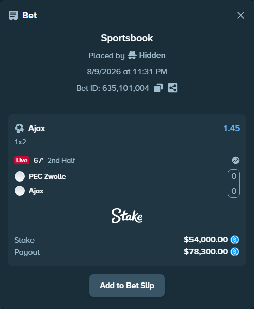 Bet slip: PEC Zwolle - Ajax, $54,000.00 stake at 1.45 odds, placed by Hidden