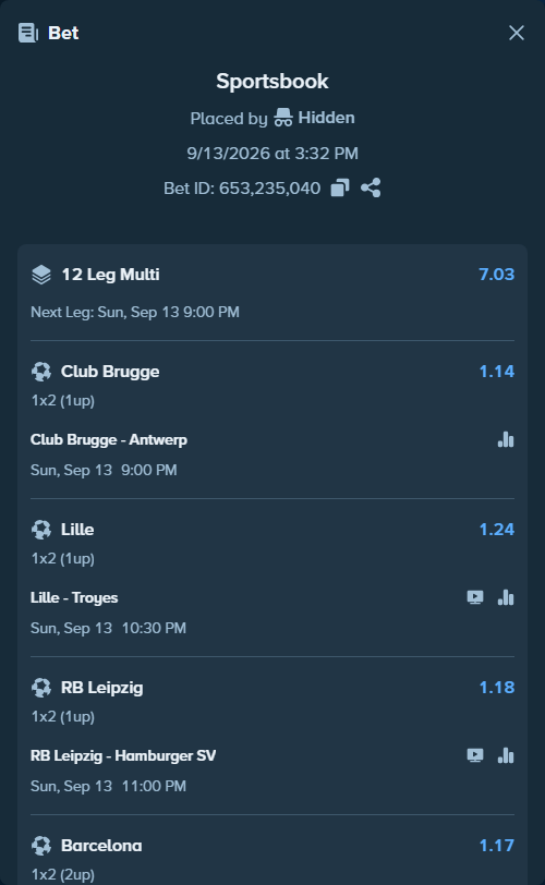 Bet slip: PEC Zwolle - Feyenoord, $10,000.00 stake at 1.21 odds, placed by Hidden