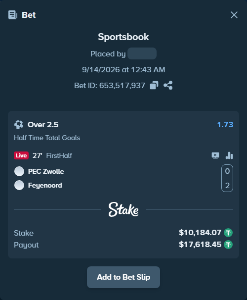Bet slip: PEC Zwolle - Feyenoord, $10,180.00 stake at 1.73 odds, placed by tlwns4736